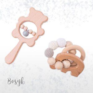 NEW - Elephant Set Light GrayTeether Wooden Rattles